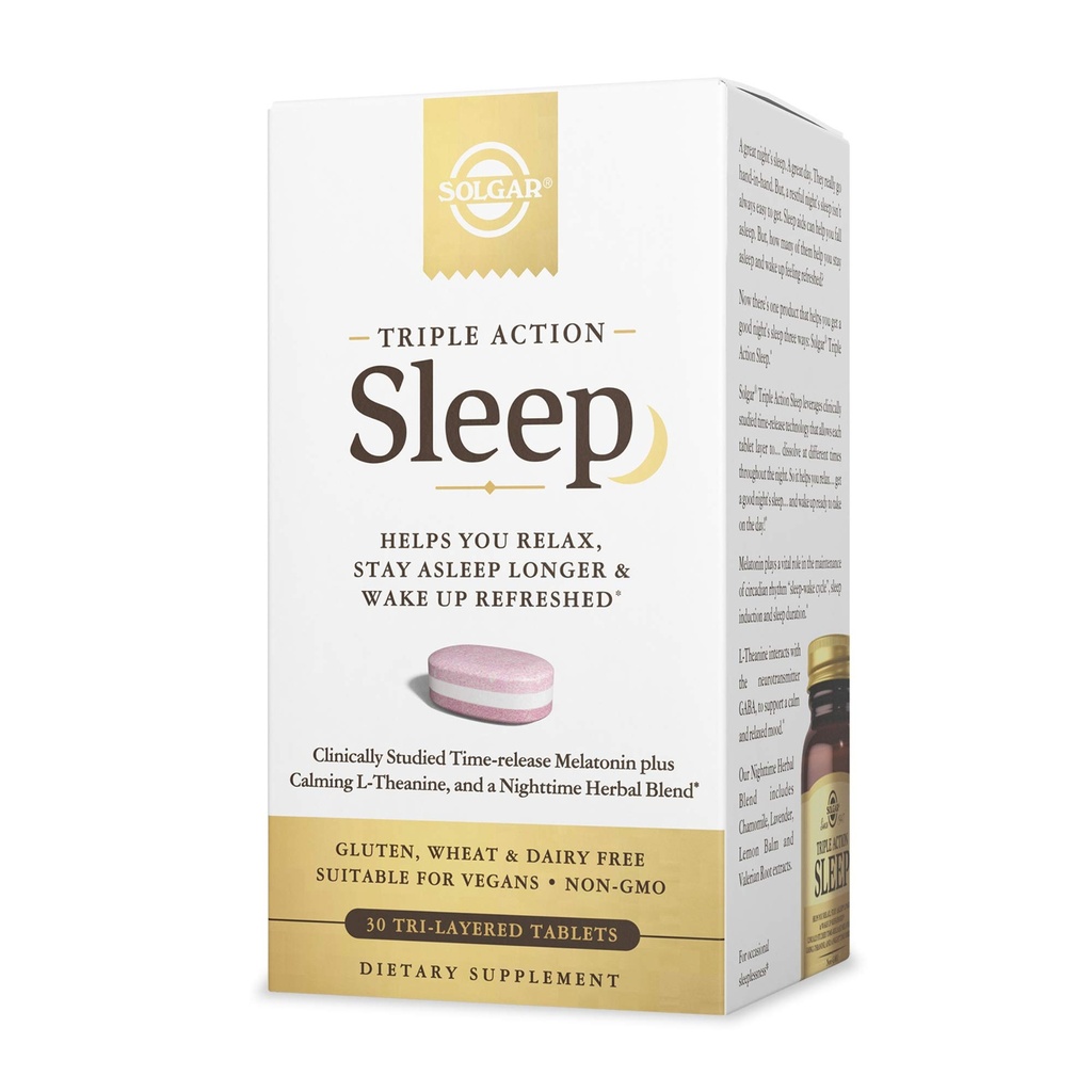 Solgar Triple Action Sleep, 30 Tri-Layer Tablets - Time-Release Melatonin & L-Theanine Plus Herbal Blend - Le ayuda a relajarse, Fall Asleep Fast & Stay Asleep Longer - Non-GMO, Gluten Free - 30 Servings