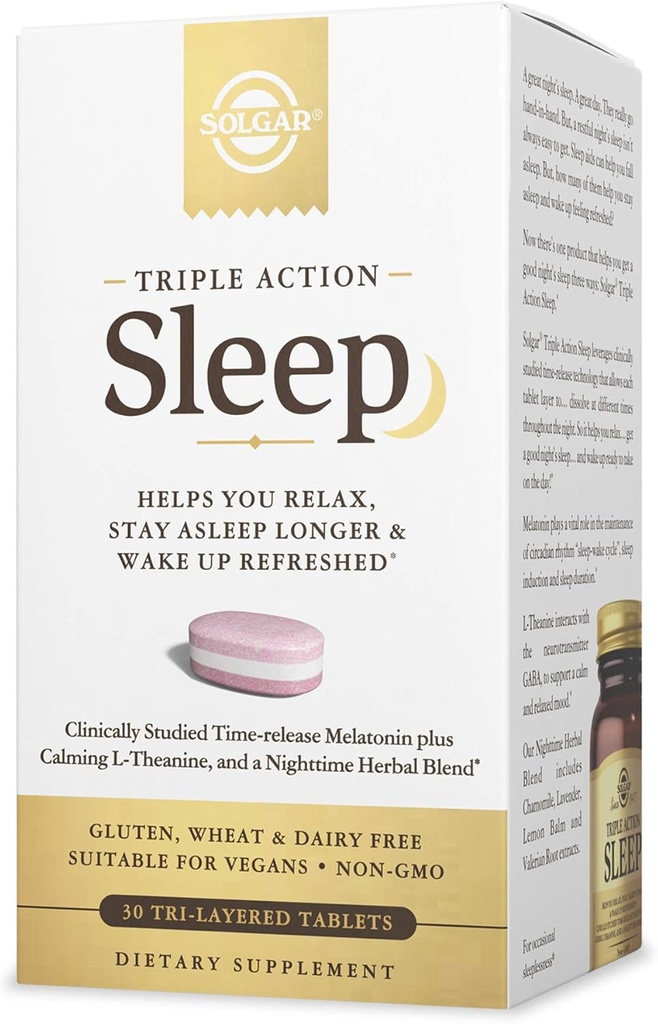Solgar Triple Action Sleep, 30 Tri-Layer Tablets - Time-Release Melatonin & L-Theanine Plus Herbal Blend - Le ayuda a relajarse, Fall Asleep Fast & Stay Asleep Longer - Non-GMO, Gluten Free - 30 Servings
