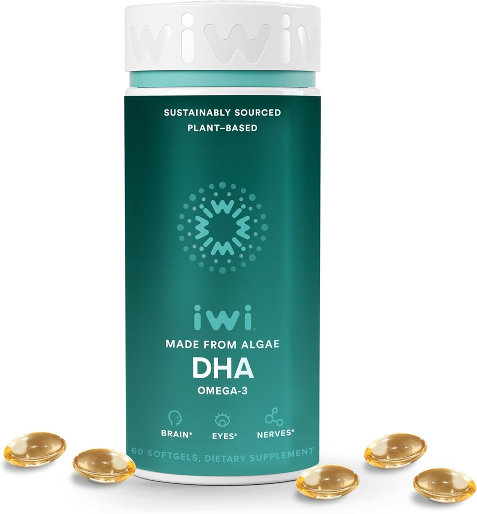 Iwi DHA Omega-3, 60 Softgels (30 servidos), Alga de base vegetal Omega 3, Cerebro, Ojos " Nervous System Support Suplemento dietético, Krill " Fish Oil Alternative, No Fishy Aftertaste