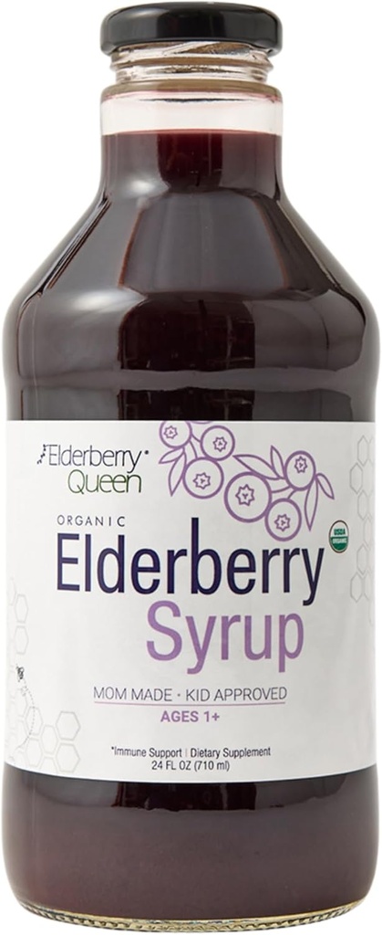 Elderberry Queen Organic Elderberry Syrup 24 Fl Oz - Immune Support Formula with Sambucus Black Elderberry " Aronia Berry - Puro Natural Certified Organic Elderberry Syrup for Kids and Adults