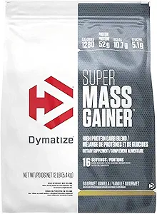 Dymatize Super Mass Gainer Protein Powder, Gourmet Vanilla, 52g Protein, 1g Creatine, 1280 Calories, 10.7g BCAAs, 245g Carbs, Contiene Whey Protein, Isolate, y Casein (16 Servings)