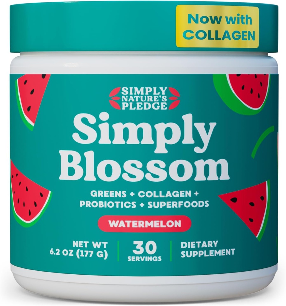 Sencillamente Blossom Nutrition Daily Greens " Superfood Powder + Collagen + Probiotics for Women's Digestive Health " Bloating Relief. Ayuda a su salud Bloom - 30 Day Supply - Watermelon