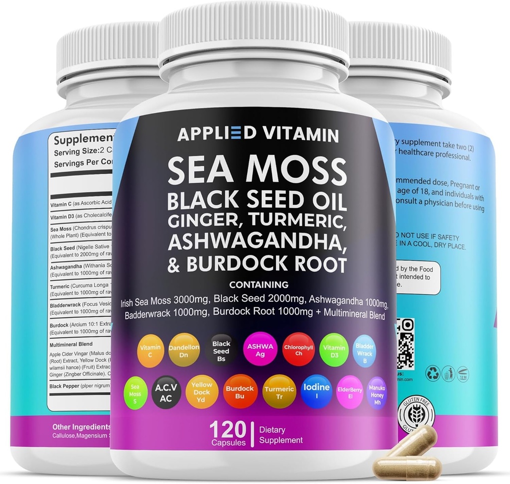 Sea Moss 3000mg Capsules, Organic Immune Support Black Seed Oil, Ashwagandha Supplements, Bladderwrack Organic, Turmeric, Burdock Root Organic, Vitamina C, D3, Vegan Minerals (120)