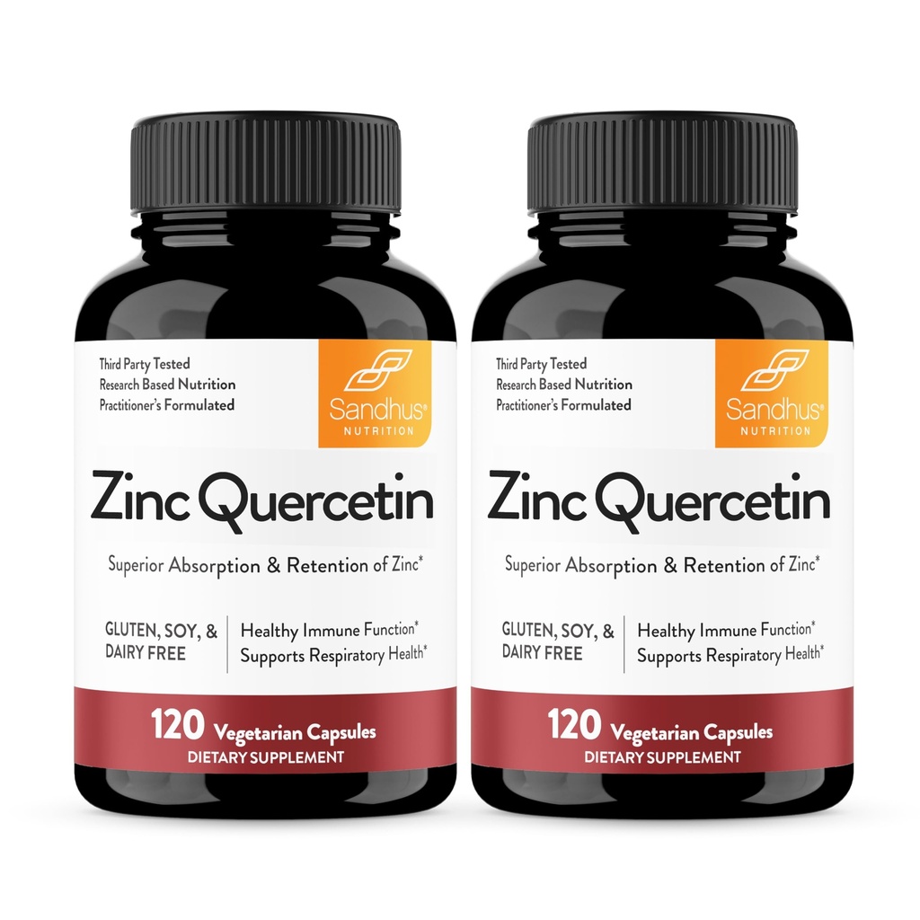 Sandhu's Zinc Quercetin 120 Vegetarian Capsules (Pack of 2) ¦ Zinc Suplementos para Antioxidante Apoyo Inmunitario para Hombres y Mujeres ← Gluten, Soy, Dairy Free