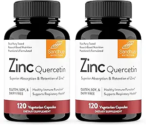 Sandhu's Zinc Quercetin 120 Vegetarian Capsules (Pack of 2) ¦ Zinc Suplementos para Antioxidante Apoyo Inmunitario para Hombres y Mujeres ← Gluten, Soy, Dairy Free
