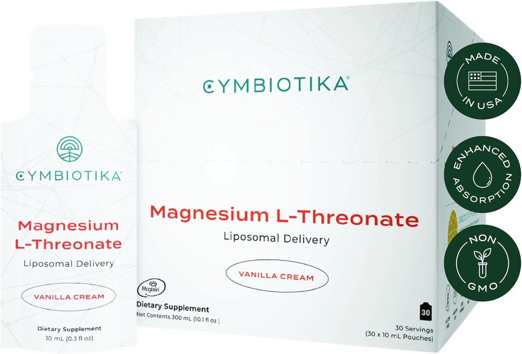 CYMBIOTIKA Liposomal Magnesium L-Threonate 1300 mg – Magnesio de alta absorción para la salud cerebral, memoria, enfoque y estrés Soporte – promueve la claridad mental y el equilibrio de humor, hecho en EE.UU., 1 mes de suministro