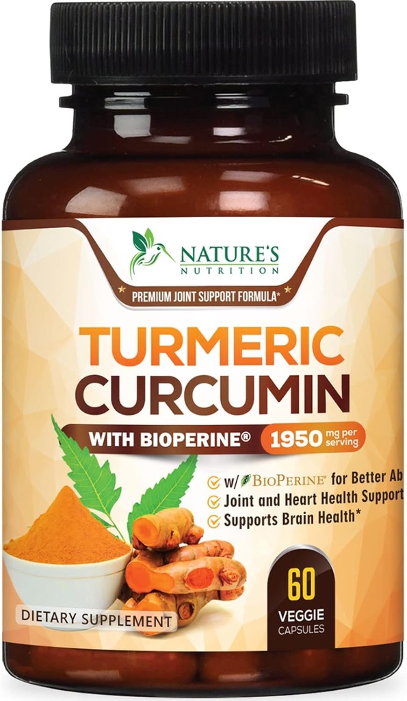 Curcumin Turmeric Suplemento 1950mg - 95% Curcuminoides con Turmeric Orgánica " BioPerine Black Pepper Extract for Best Absorption, Nature's Vegan Joint Support, Non-GMO, Bottled in USA - 60 cápsulas