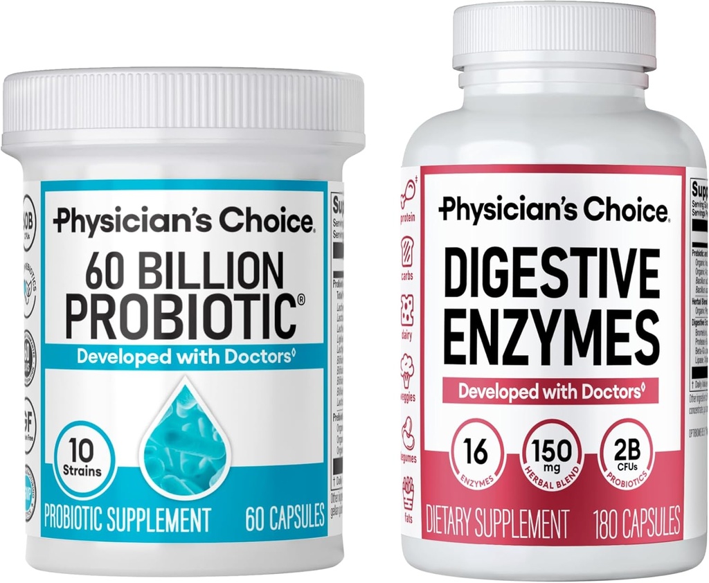 Physician's CHOICE - Optimal Gut Health Bundle: 60 Billion Probiotic 60ct + Digestive Enzyme 180ct for Digestive Comfort and Immune Support - Value Bundle