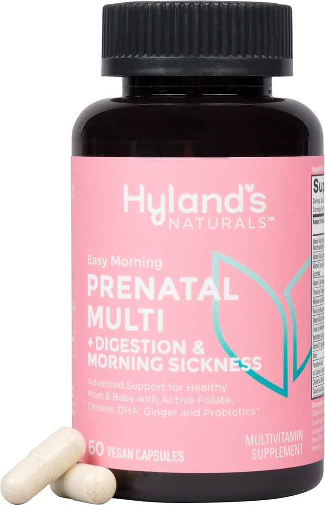 Hyland's Easy Morning Prenatal Multivitamin and Digestive Health and Morning Sickness Relief, 60 cápsulas Vegan con Folate, Choline, Zinc, Ginger Root, Prebiotics and Algae DHA