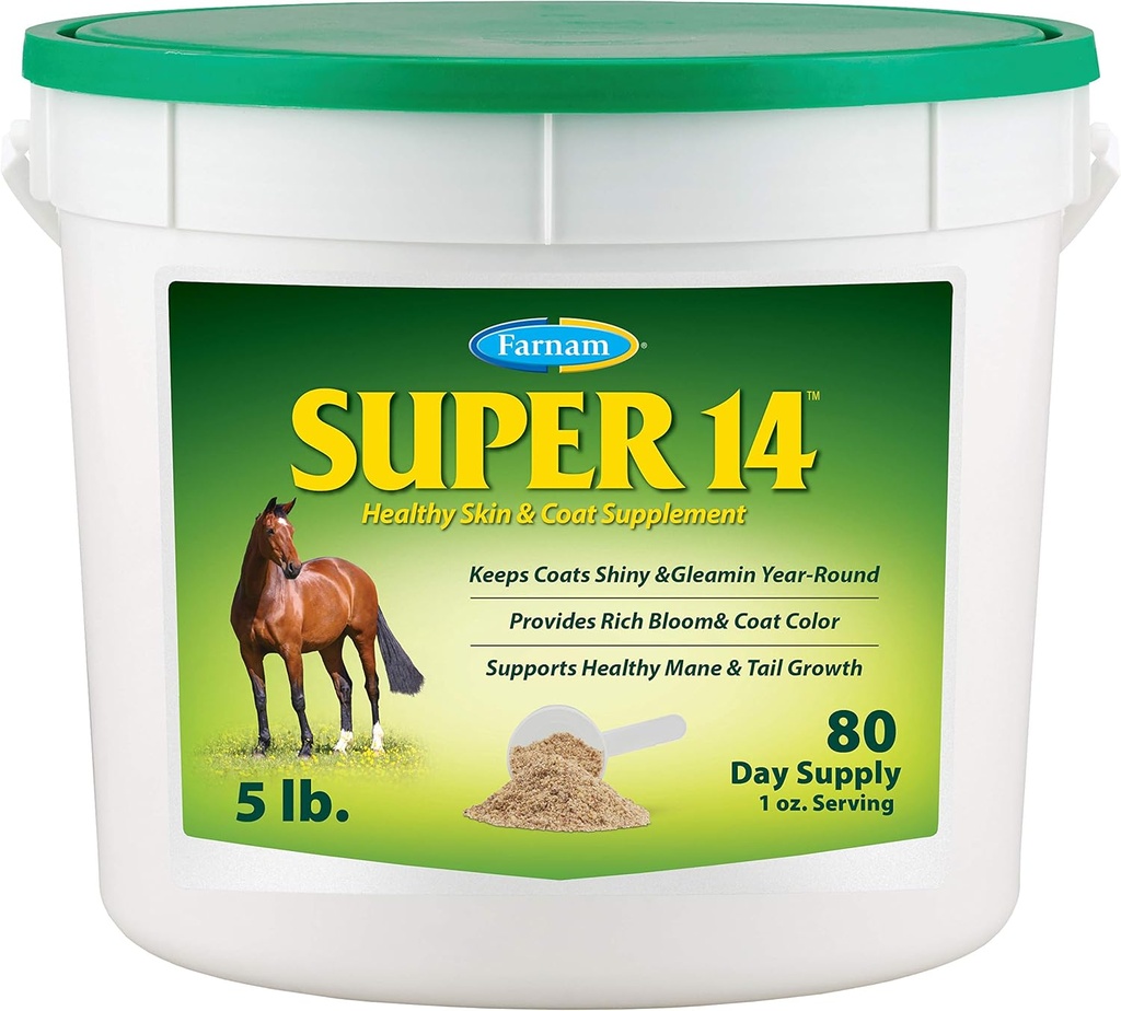 Farnam Super 14 Healthy Skin &amp; Coat Supplement for Horses, Keeps Coats Shiny &amp; Gleaming Year-Round 5 Pound, 80 Day Supply