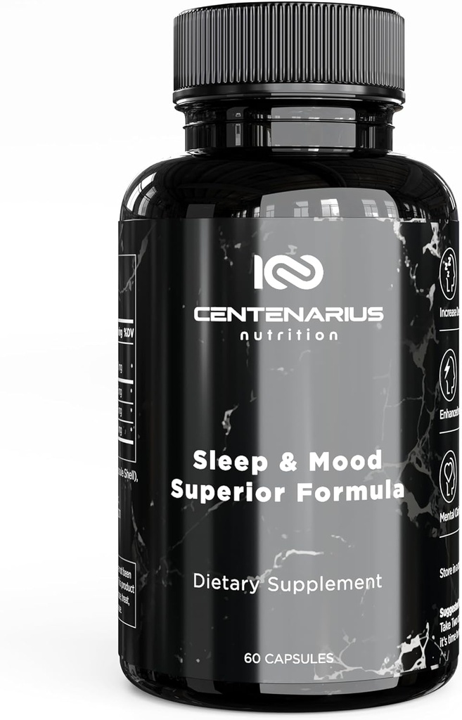 Centenarius Nutrition Sleep and Mood Formula with L-Theanine, 5-HTP, PharmaGABA + Más para Sleep + Mejor Mood &amp; Stress Levels (60 Count)