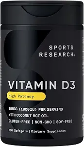 Investigación Deportiva Vitamina D3 1000iu (25mcg) Infundida con aceite de coco ~ Immune &amp; Bone Support ~ Non-GMO Verified, Soy &amp; Gluten Gratis (360 Mini Liquid Softgels)