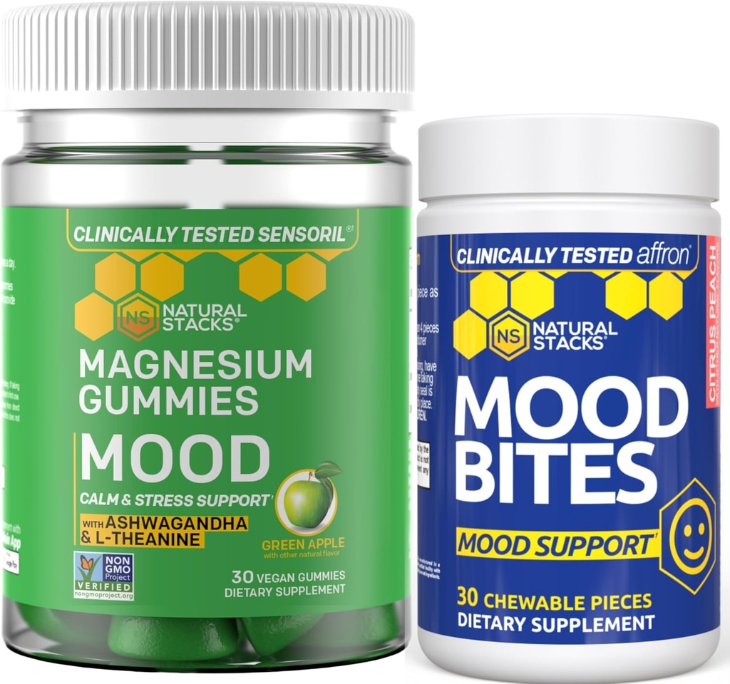 NATURAL STACKS Mood Bites + Mood Magnesium Gummies Bundle - Positivo Mood & Stress Support* - 60 Chewables