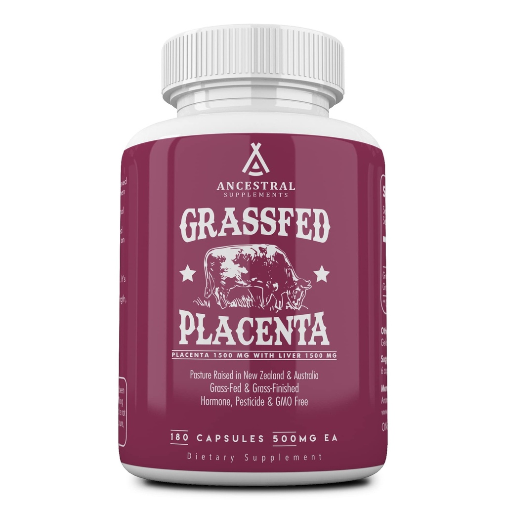 Suplementos ancestrales Grass Fed Placenta Suplemento con hígado, contiene vitaminas posparto para lactancia femenina, promueve el alivio de la menopausia, células madre Apoyo Elasticidad de la piel, 180 cápsulas