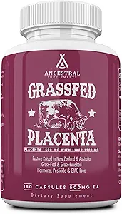 Suplementos ancestrales Grass Fed Placenta Suplemento con hígado, contiene vitaminas posparto para lactancia femenina, promueve el alivio de la menopausia, células madre Apoyo Elasticidad de la piel, 180 cápsulas