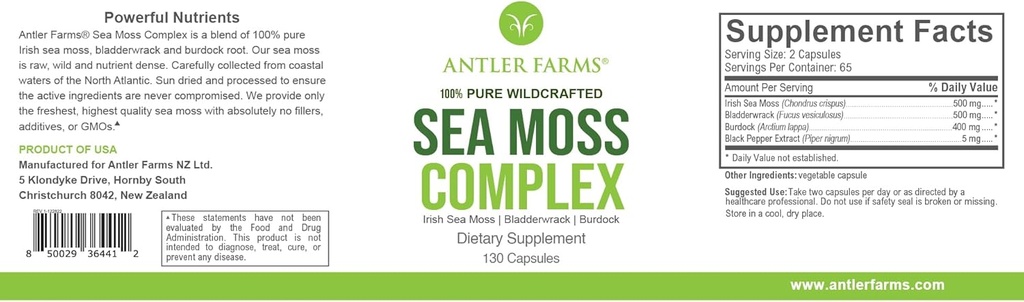 Antler Farms – 100% Puro Sea Moss Complex, 130 Capsules, Wildcrafted Irish Sea Moss, Bladderwrack y Burdock Root – Un Potent Blend for Wellness, Vegan-Friendly, Gluten, Soy y Dairy Free