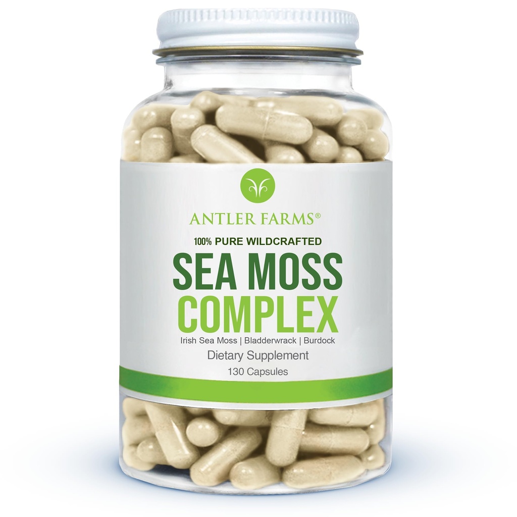 Antler Farms – 100% Puro Sea Moss Complex, 130 Capsules, Wildcrafted Irish Sea Moss, Bladderwrack y Burdock Root – Un Potent Blend for Wellness, Vegan-Friendly, Gluten, Soy y Dairy Free