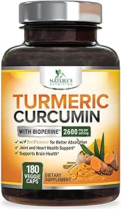 Curcumin Turmeric Suplemento 2600mg - 95% Curcuminoides con Turmeric Orgánica " BioPerine Black Pepper Extract for Best Absorption, Natural Vegan Joint Support, Non-GMO, Bottled in USA - 180 Capsules
