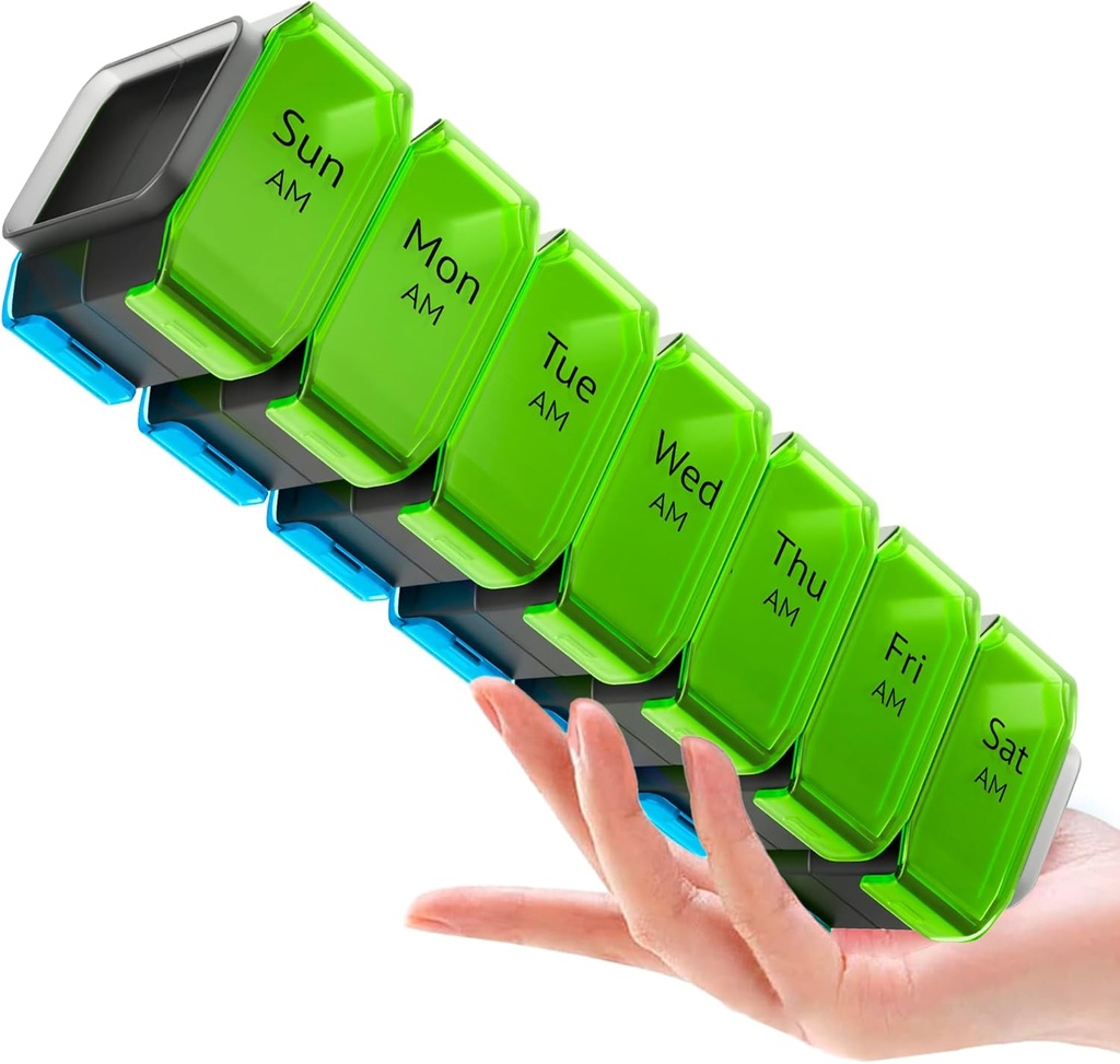 Extra Large Pill Organizer 2 veces al día – XL Pill Box 7 Día con grandes compartamentos AM/PM – Fita grandes vitaminas, suplementos y gomas, para uso de 7 o 14 días, coloreado, de alta definición, sin especias