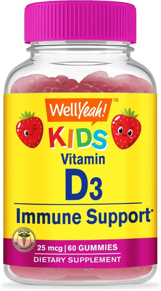 WellSí Niños Vitamina D3 Gummies - 1000 UI (25 mcg)- Apoyos Fortaleza ósea e inmunidad - No Gluten-Free - Sabor de frambuesa - Suplemento nutricional - 60 Servimientos
