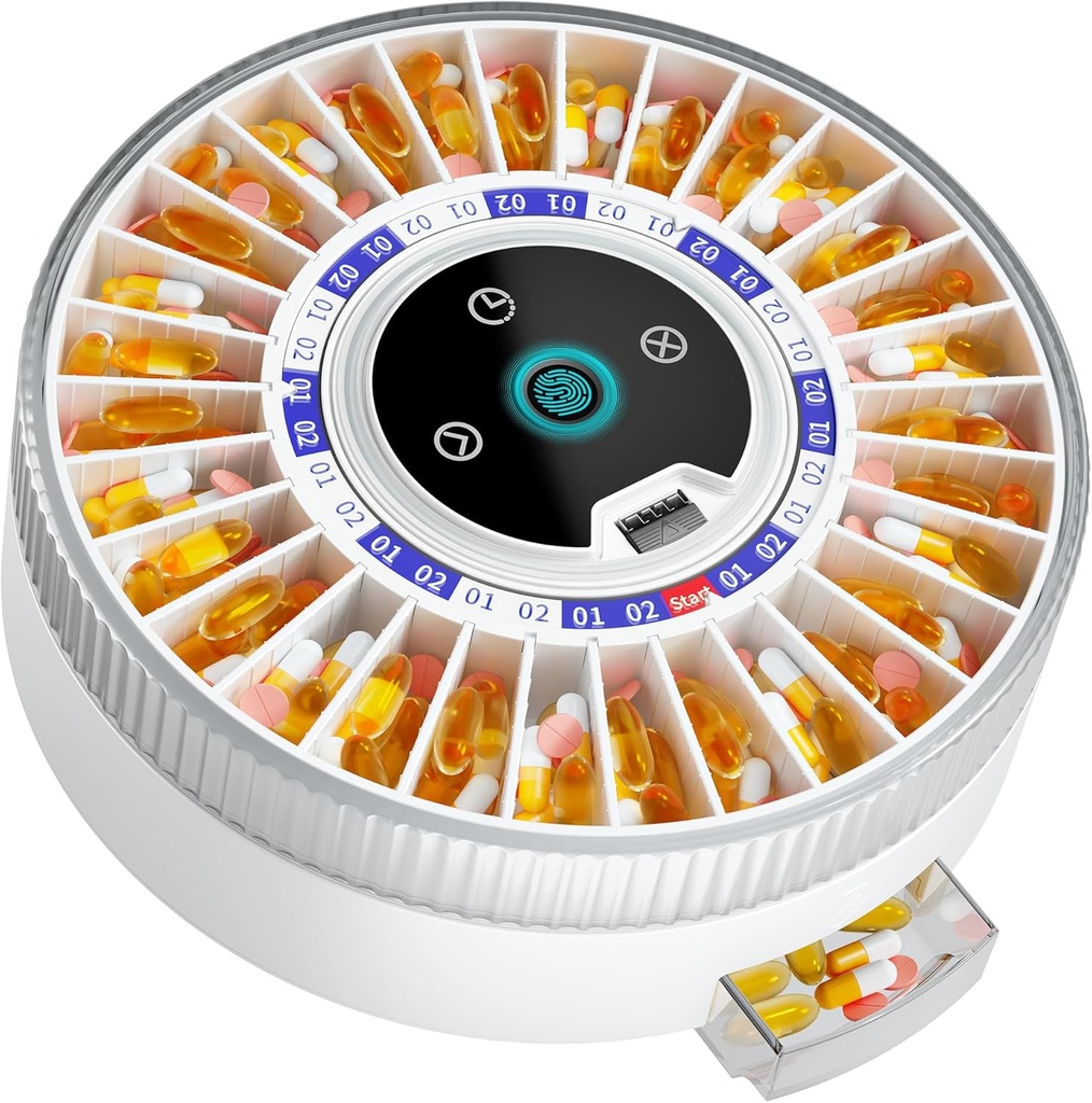 Windtrace® Bluetooth Automatic Pill Dispenser for Elderly with Alarm, Smart Pill Dispenser with 31-Slot, Fingerprint& Mechanical Dual Lock Medication Dispenser, Timed Dispenser Machine for Elderly