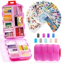 14 Grids Travel Pill Organizer Box con 415-Pcs Medicine Name Labels - Pocket Daily Pharmacy Case Container Kit - Travel Medication Holder Dispenser for Fish Oil Vitamin Storage Supplement -Clear Pink