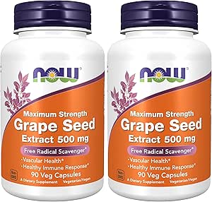 AHORA Suplementos, Grape Seed Extract, Maximum Strength 500 mg (un Extracto Altamente Concentrado con un Mínimo de 90% Polyphenols), 90 Veg Capsules, Rojo/Brown, 0.25 libras (Pack de 2)