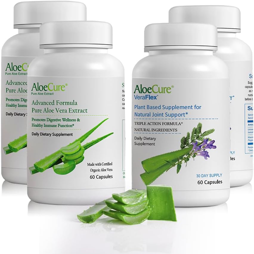 AloeCure Organic Aloe Vera Capsules Pack - 4 piezas - 2 x VeraFlex, 2 x Aloe Vera Capsules