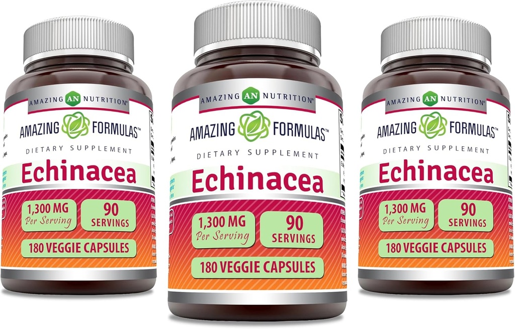 Fórmulas asombrosas Echinacea Silencioso 1300 Mg Silencio Veggie Capsules Suplemento Silencio No-GMO Silencio Gluten Libre Silencio Hecho en EE.UU. (3 Pack Silencio 180 Conde)
