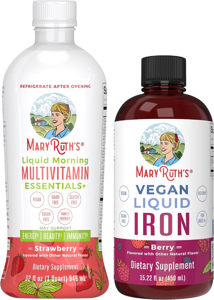 MaryRuth's Liquid Morning Multivitamin (Strawberry) & Iron Liquid (Berry) ← Clean Label Project Verified®  habit Vitamins for Energy, Immunity, " Global Health TEN Vegan, Non-GMO, Gluten Free