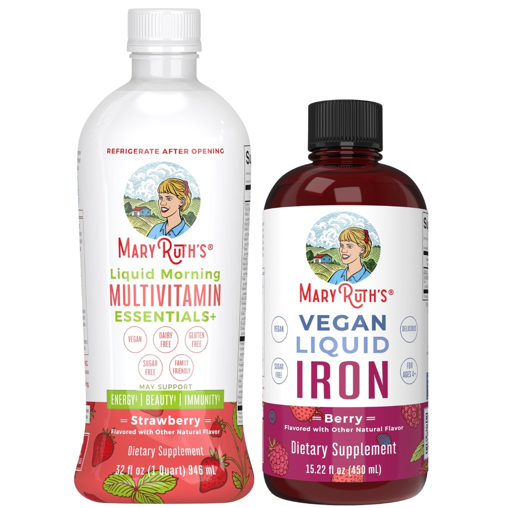 MaryRuth's Liquid Morning Multivitamin (Strawberry) & Iron Liquid (Berry) ← Clean Label Project Verified®  habit Vitamins for Energy, Immunity, " Global Health TEN Vegan, Non-GMO, Gluten Free