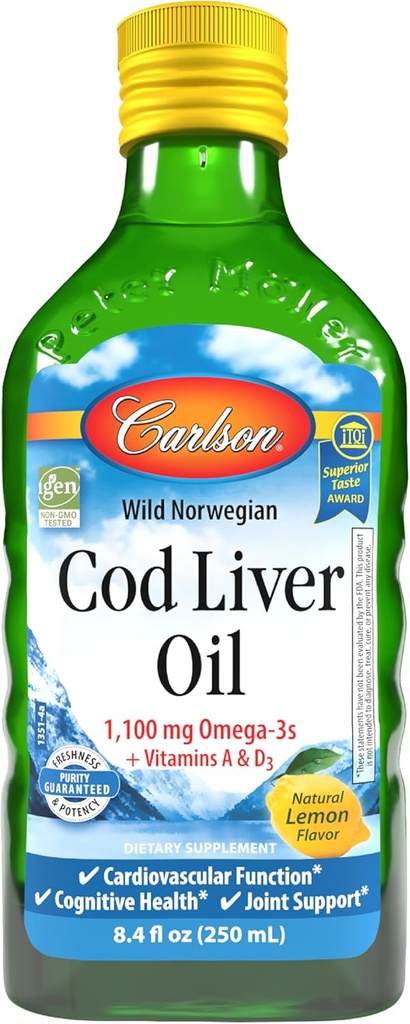 Carlson - Cod Liver Oil, 1100 mg Omega-3, Liquid Fish Oil Supplement, Wild-Caught Norwegian Arctic, Sustentably Sourced Nordic Liquid, Lemon, 250 ml