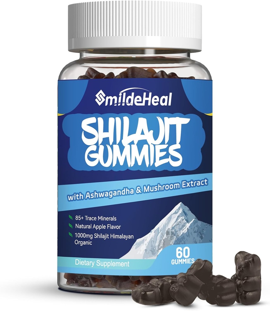 Shilajit Gummies 1000 MG, Suplemento Shilajit Orgánico, 85+ Trace Minerals, con Ashwagandha, Mushroom - Energía, Cerebro, Apoyo Inmunitario, para Hombres y Mujeres - 60 Conde