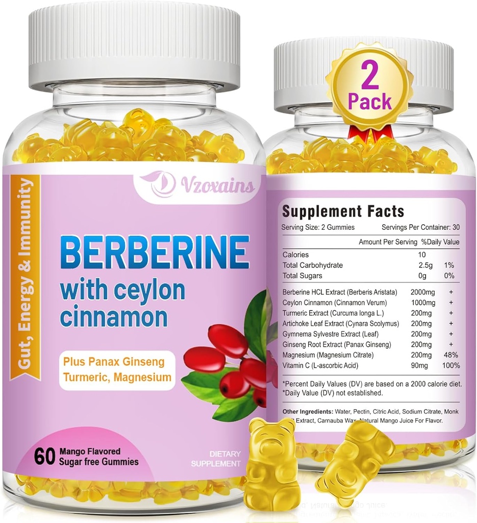 Berberina con gomas de canela de Ceylán, suplemento de bereberina de alta potencia HCI, soporte de salud inmune, 120 mangos saboreados de mango