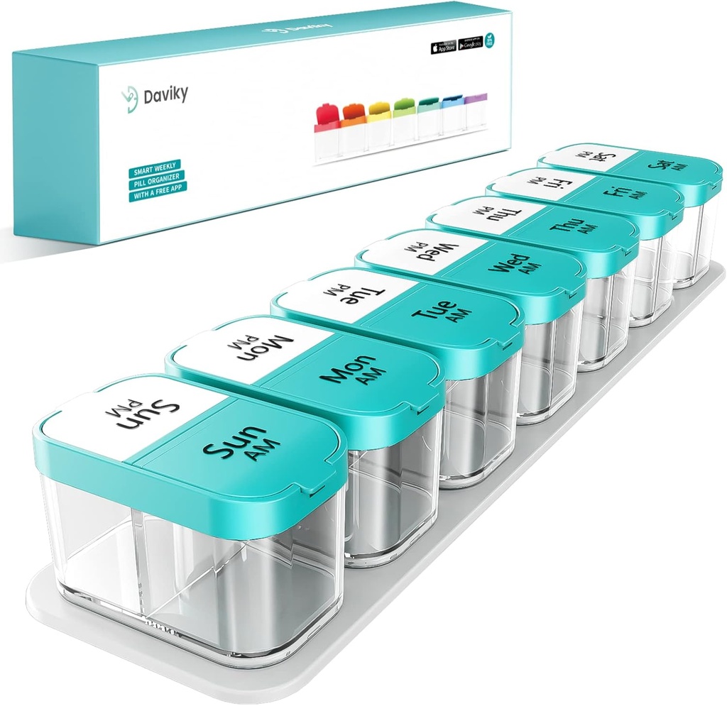 Daviky Large Weekly AM Organizador de píldoras - 7 Días, 2 veces al día con productos extra grandes para vitaminas, medicinas, suplementos (cyan)