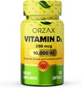 ORZAX Vitamina D3 10000 iu (250 mcg) – No GMO, Gluten Free, Sugar Free, Dairy Free – 120-Day Supply for Strong Muscle Function & Immune Support – Mood Supplement for Wellness (120 Softgel)