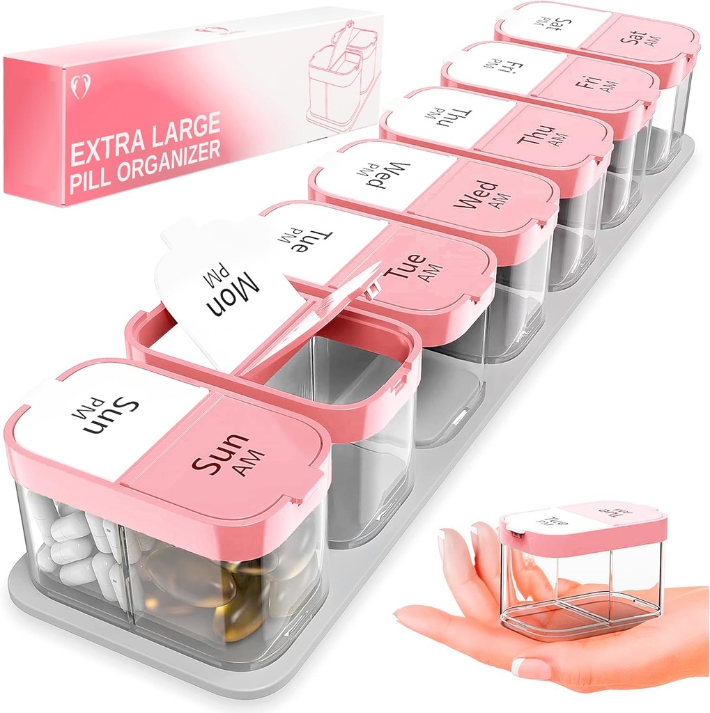 Extra Large Weekly Pill Organizer - XL Vitamin Holder with 7 Detachable AM PM Compartments - dispensador de medicina portátil para el hogar y el viaje, gran contenedor de suplemento para uso semanal o diario, rosa