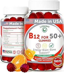 Lunakai EE.UU. hizo vitamina B12 Gummies para adultos 50+, no GMO B12 para energía &amp; vitalidad Boost, sabor naranja delicioso, 60ct