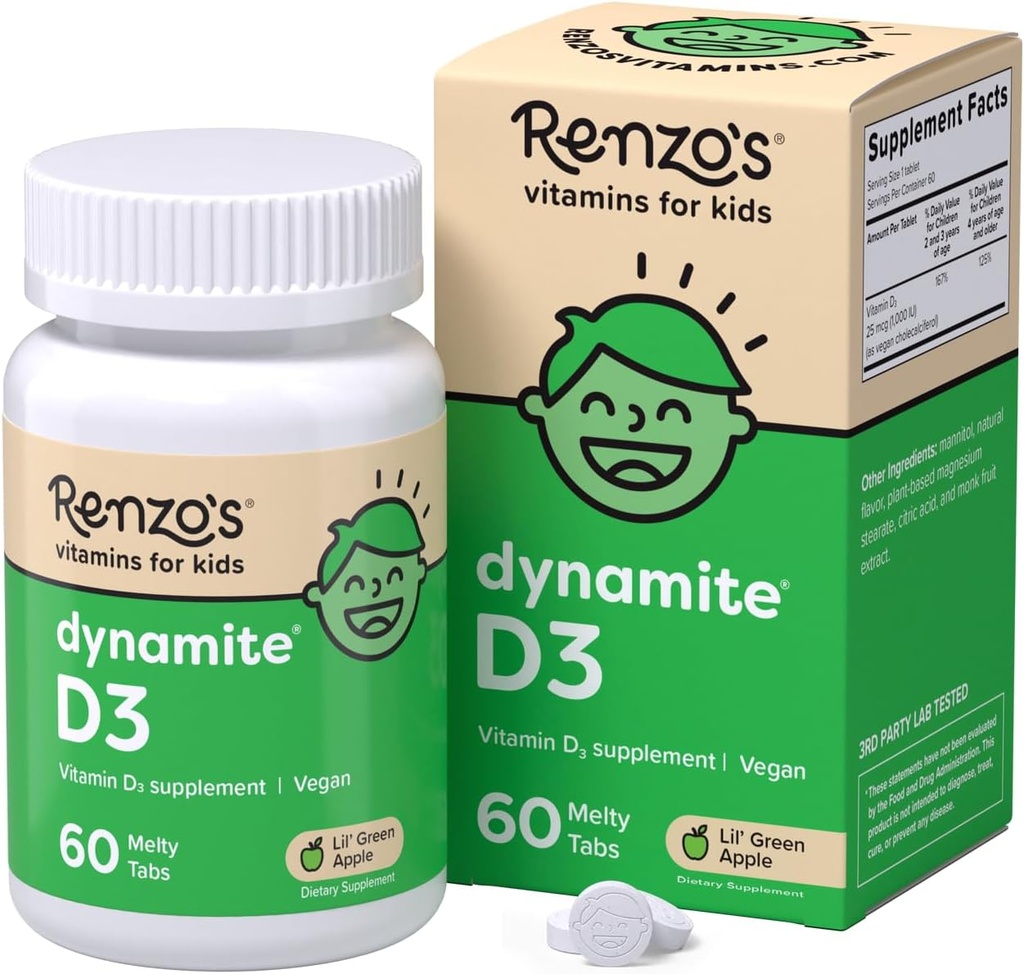 Vitamina D3 de Renzo, Dissolving Kids Vitamin D3, 60 Tabs sin azúcar, Lil’ Green Apple Flavored