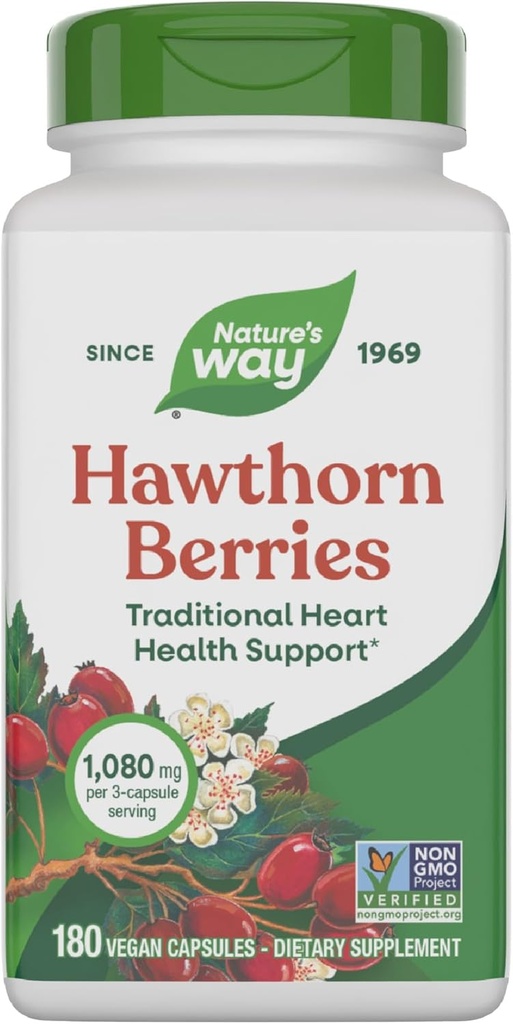 Nature's Way Hawthorn Berries - Traditional Support for Heart Health* - Non-GMO Project Verified - Herbal Supplement - Gluten Free - 180 Vegan Capsules