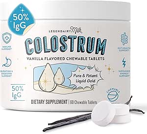 Legendairy Milk Colostrum Suplemento - Premium Bovine Colostrum for Humans - 50% IgG Inmunoglobulin for Immune Support " Gut Health - Energy &amp; Muscle Recovery - Vanilla Chewable Tablets, 30 Servings