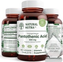 Natural Nutra Time Release Pantothenic Acid 500 mg, Vitamina B5 Suplemento Ayuda a romper grasas y carbohidratos, metabolismo y energía, mejorar la salud muscular, reducir manchas de piel, 60 tabletas vegetarianas