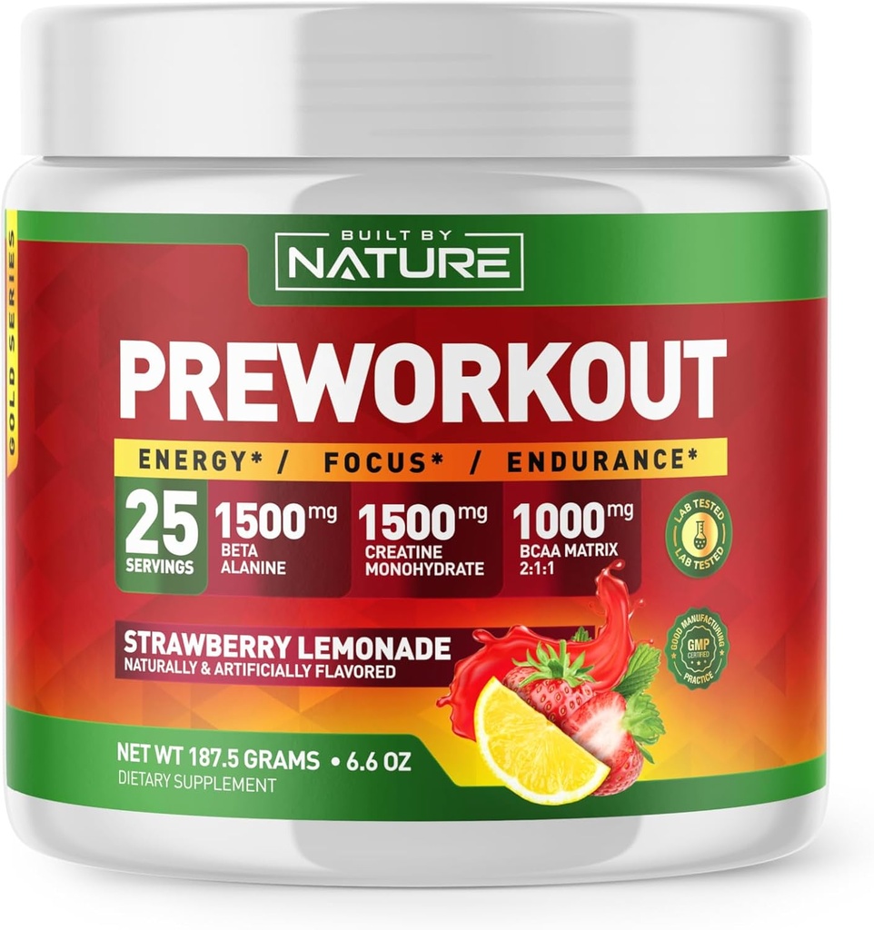 Construido por Nature Pre Workout Powder con Beta Alanine, Creatine Monohydrate, BCAA, L Citrulline, L Arginine y Caffeine - Strawberry Lemonade Flavor - 25 Servimientos
