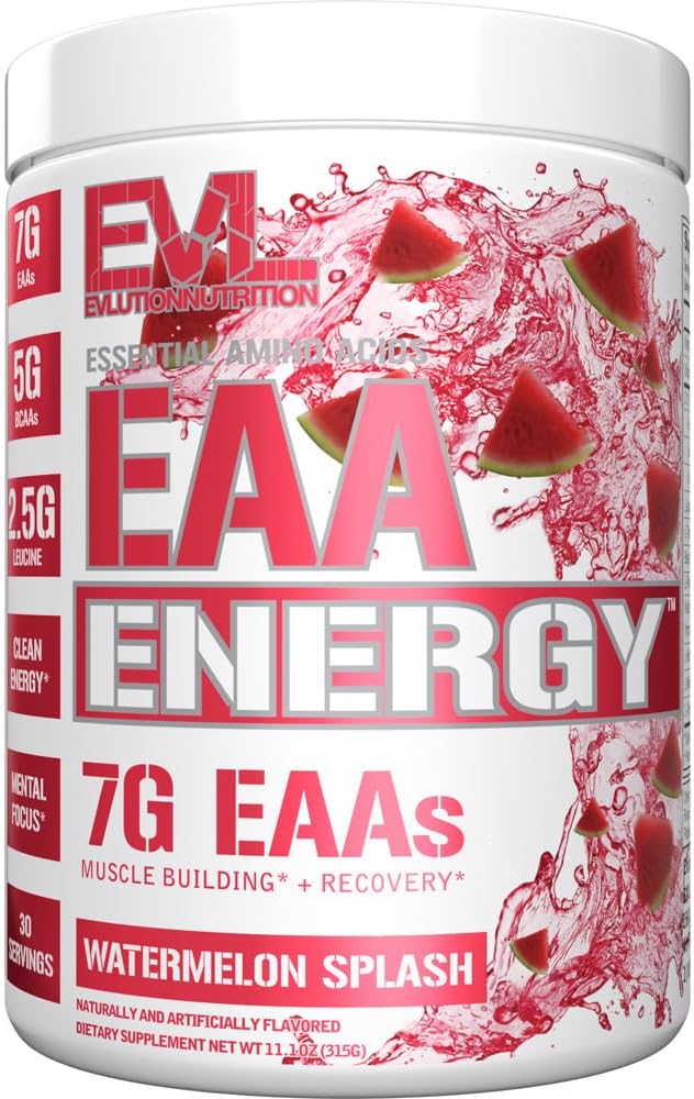 Evlution Nutrition EAA Energy - Pre " Post Workout Powder - Muscle Building " Recovery Supplement - 7g Essential Amino Acids + 5g BCAAs - Clean Energy - With Caffeine - 30 Servings - Watermelon Splash