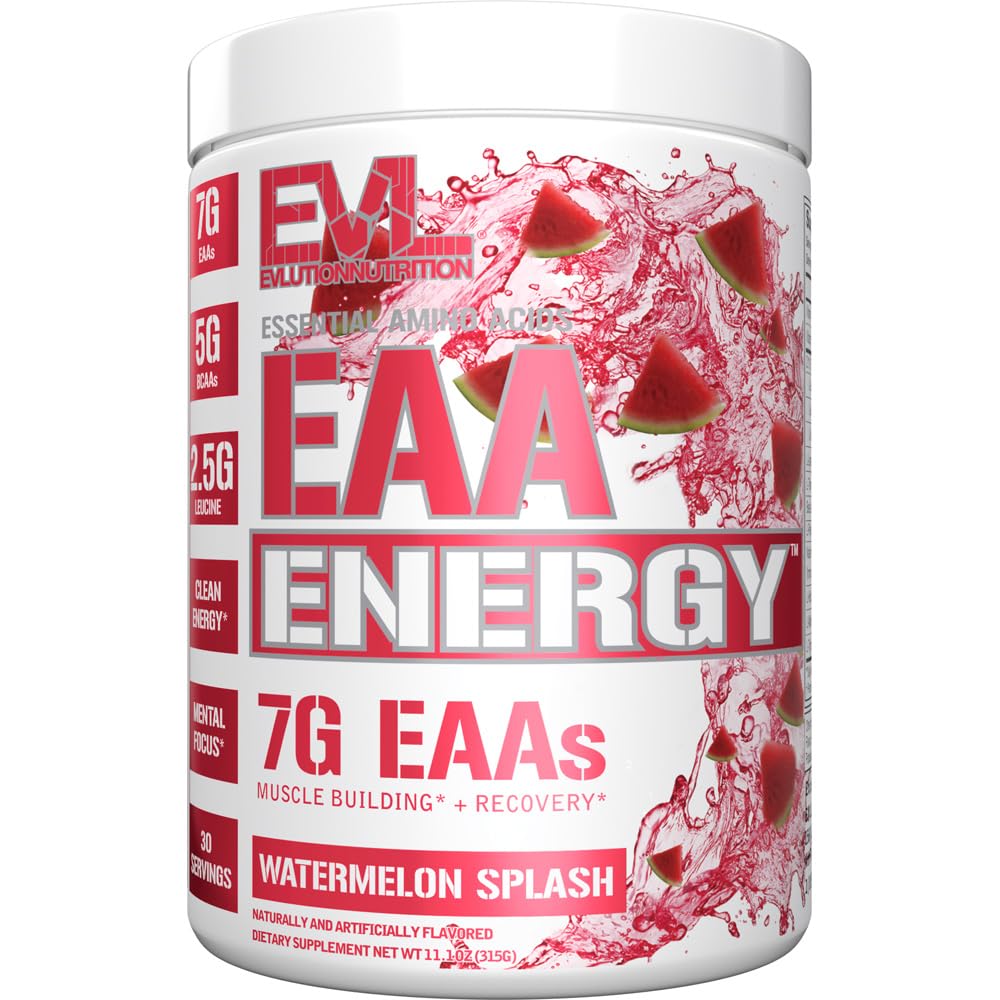 Evlution Nutrition EAA Energy - Pre " Post Workout Powder - Muscle Building " Recovery Supplement - 7g Essential Amino Acids + 5g BCAAs - Clean Energy - With Caffeine - 30 Servings - Watermelon Splash