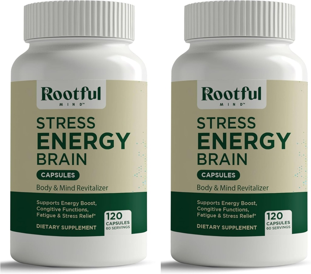 Stress Energy Brain - Suplemento Fatigue con Cortisol, Stress, Energy Support - Rhodiola Rosea, Lions Mane, L Theanine, Ginkgo Biloba, Milk Thistle, Iron - 2 Months Supply