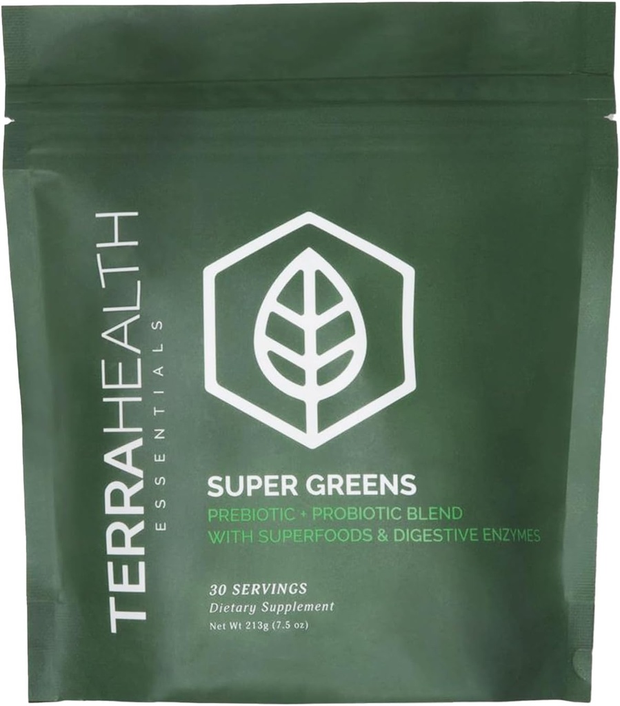 Terra Health Essentials® Super Greens TEN Organic Superfood Greens Powder TEN Gluten-Free Gut-Friendly Probiotics TEN 30 Servings