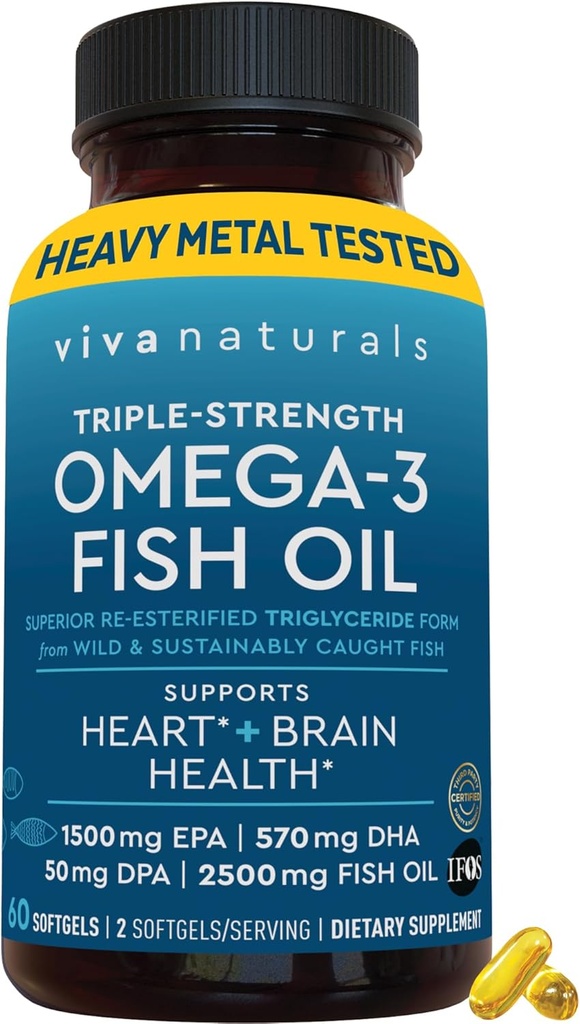 Viva Naturals Omega-3 Fish Oil, Triple fuerza, 2500 mg, 60 Softgels – Reesterified Omega 3 ácidos grasos incluyendo EPA, DHA, DPA - Pascatarian-Friendly