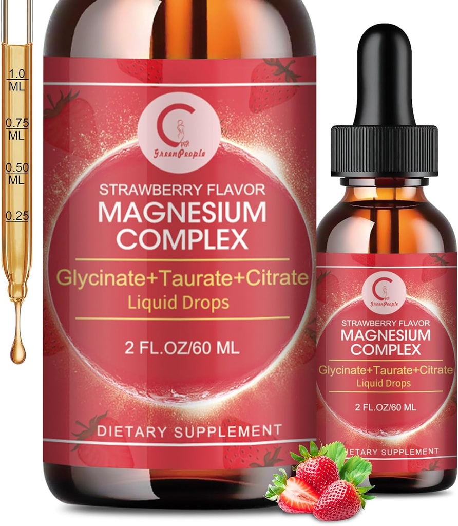 Triple Magnesium Complex Liquid Drops - Magnesium Glycinate Liquid Drops, Taurate & Citrate con L-theanine, Vitamina B6 para el sueño, Muscle, Immune Health, Vegan, Non-GMO, Strawberry Flavor, 2 Fl OZ