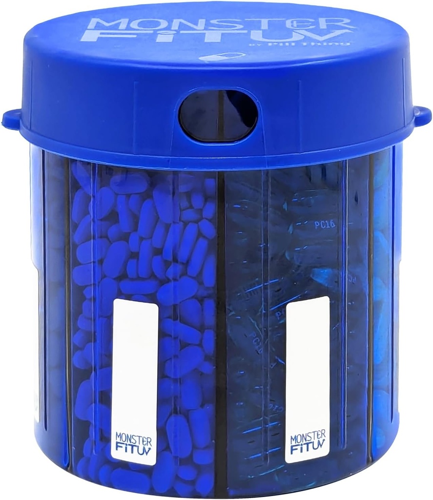 Botella de dispensador de píldoras suplementarias XL, 7 Compartimiento, Etiquetas, Easy Open, Anti-Mixing, Organizador Protegido por UV, Vitamina Mensual Extragrande, Monster Fit Medication Holder (Cobalt Blue, Large)